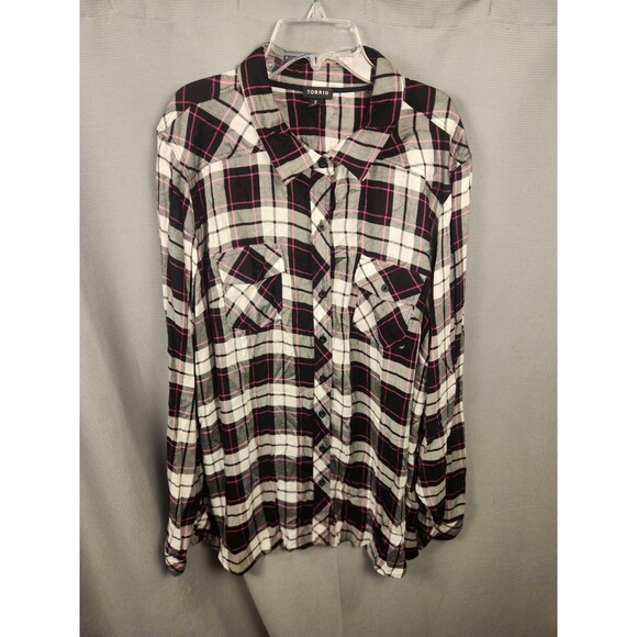 Torrid Challis Button Down Long Sleeve Shirt Womens Plus Size 3X Black Plaid - Picture 1 of 6
